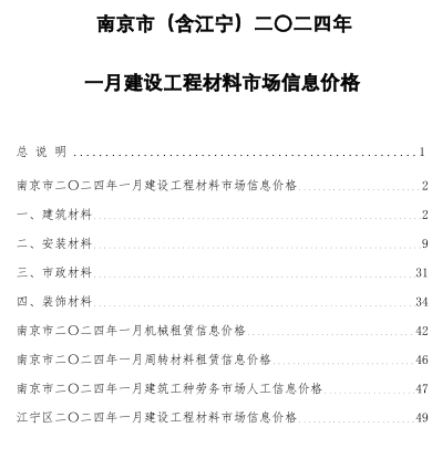 南京市(含江寧)二〇二四年一月建設工程材料市場信息價格